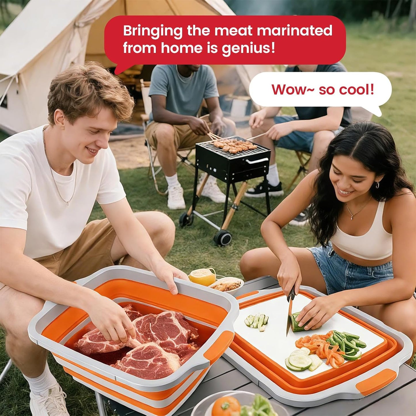 BBQ Prep Tub 3-IN-1 Large 16L Collapsible Cutting Board with Locking Lid for Meal Prep Marinating Food, Camping Sink with Colander, Dish Basin, Storage Blanket for Camping Picnic BBQ, Black