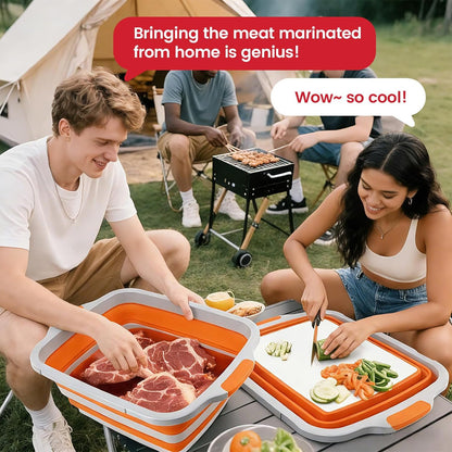 BBQ Prep Tub 3-IN-1 Large 16L Collapsible Cutting Board with Locking Lid for Meal Prep Marinating Food, Camping Sink with Colander, Dish Basin, Storage Blanket for Camping Picnic BBQ, Black
