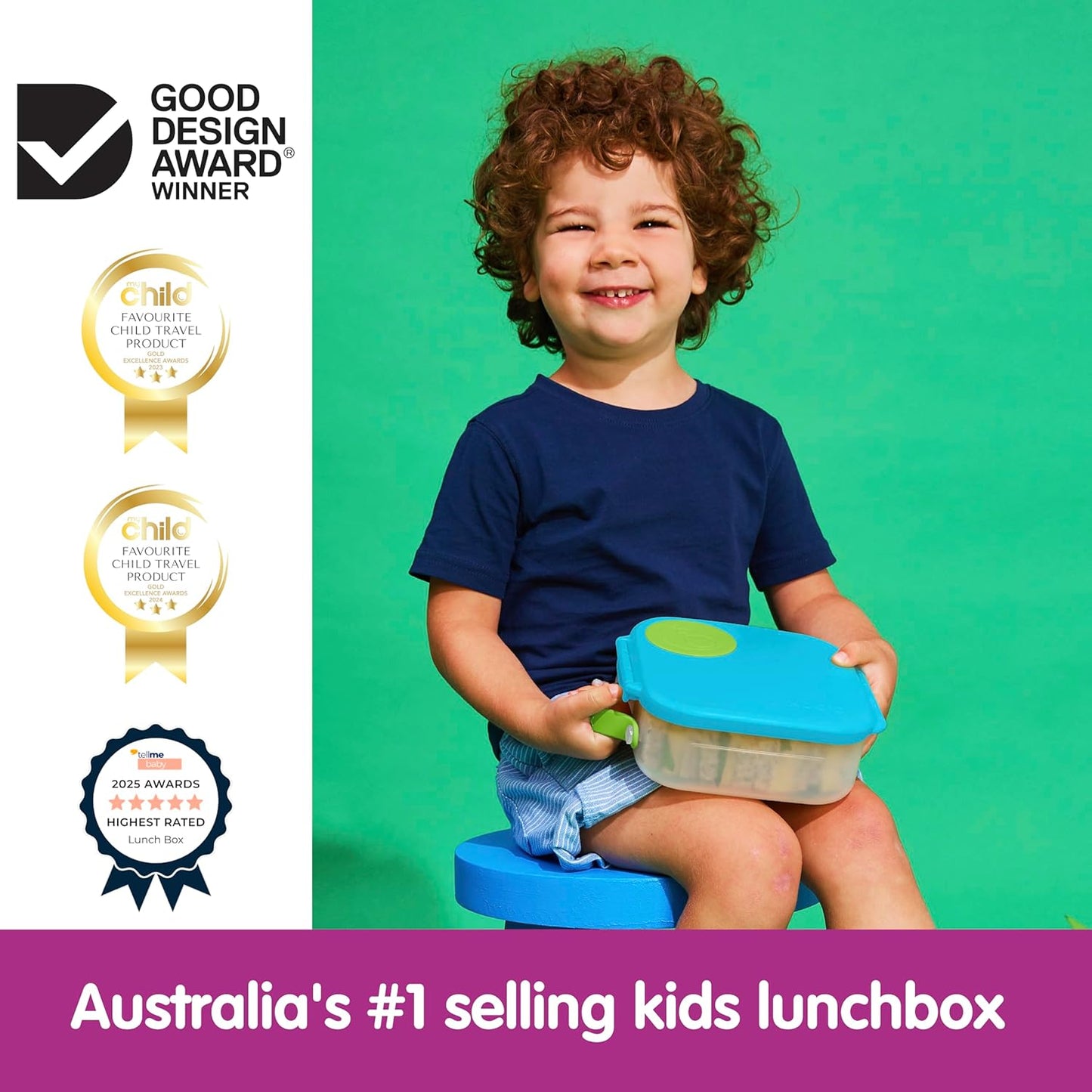b.box Mini Lunch Box 2-Pack, Leak Proof Bento Box for Kids, 3 Compartment Snack Containers Ages 3+, Lunchbox for Daycare + School, Dishwasher Safe, BPA-Free, PFAS-Free, 4.25 Cup - Blue + Green