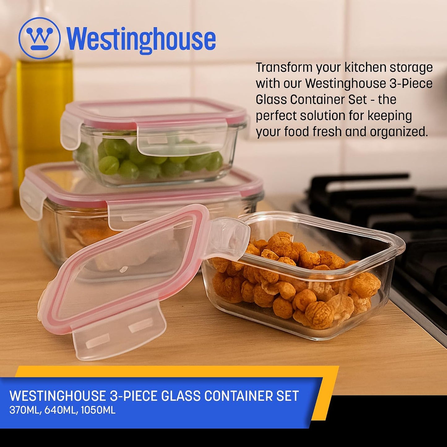 Westinghouse 3-Piece Glass Food Storage Container Set with Airtight Lids - BPA-Free, Stackable, Leakproof, Freezer, Microwave, Oven & Dishwasher Safe Meal Prep Containers - 370ml 640ml 1050ml