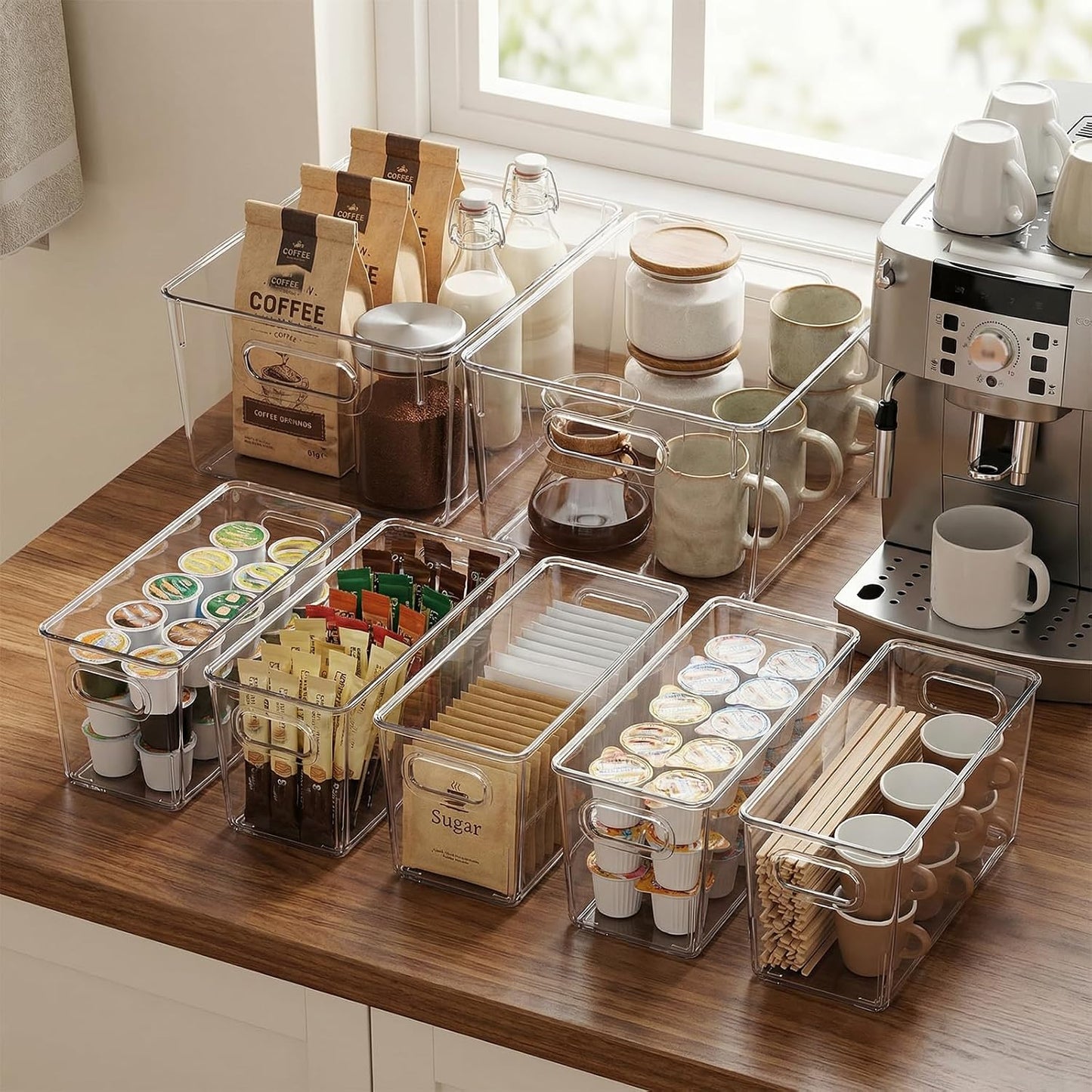 MOONEDGE 4 Pack Clear Plastic Organizer Bins, 2 Large & 2 Small Storage Set | Storage Bins for Pantry, Space-Saving Organizer Containers for Cabinets, Under-Sink, Bathroom, Kitchen, Freezer, Home Storage