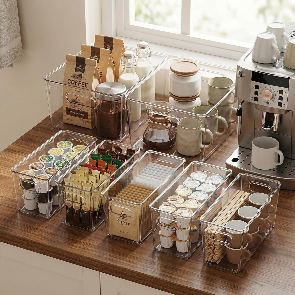 MOONEDGE 6 Pack Clear Organizer Bins 11x8x6in Pantry Organizers and Storage | Clear Containers for Organizing, Plastic Storage Bins with Handles for Drawer, Craft, Fridge, Kitchen Cabinet Shelf