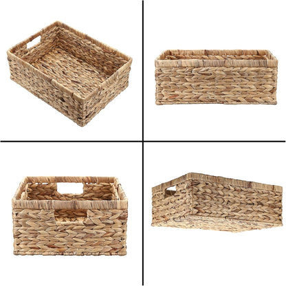 Hipiwe Wicker Basket Water Hyacinth Baskets Rectangular Decorative Baskets Bin for Shelf Organizing, Handwoven Storage Basket Bins with Built-in Handles,15.9"x12"x5.9"