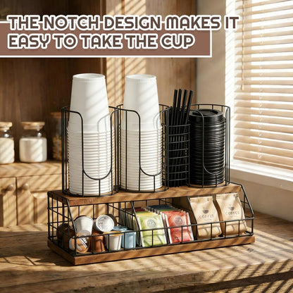Geelin 18oz Adjustable Coffee Cup Dispenser with Wooden Base, Cup and Lid Holder, Cups Holder Organizer for Coffee Pod Straw and Lid Storage(2-compartment Single,Color 2)