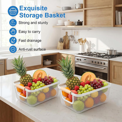 6 Pcs Metal Wire Basket with Wooden Handles, Mesh Steel Storage Organizer Bins for Home Office Kitchen Pantry Closet Fridge Organization, Small Size Cream White