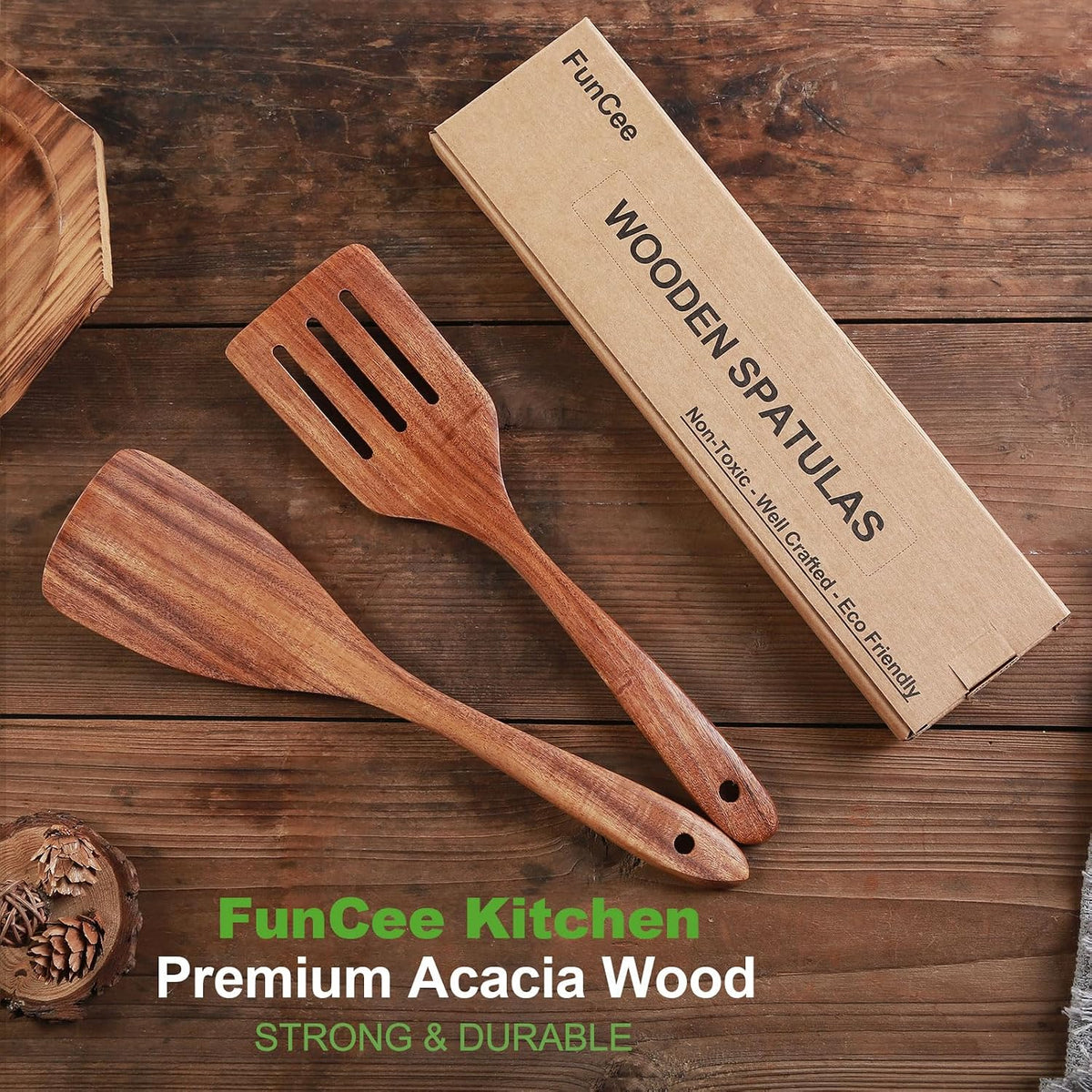 Wooden Spatula, Acacia Wood Long Handle Flat Frying Turner, Handmade wooden spoons for cooking, Kitchen Utensil set, Non-Stick Cooking Spurtle Utensils for kitchen use