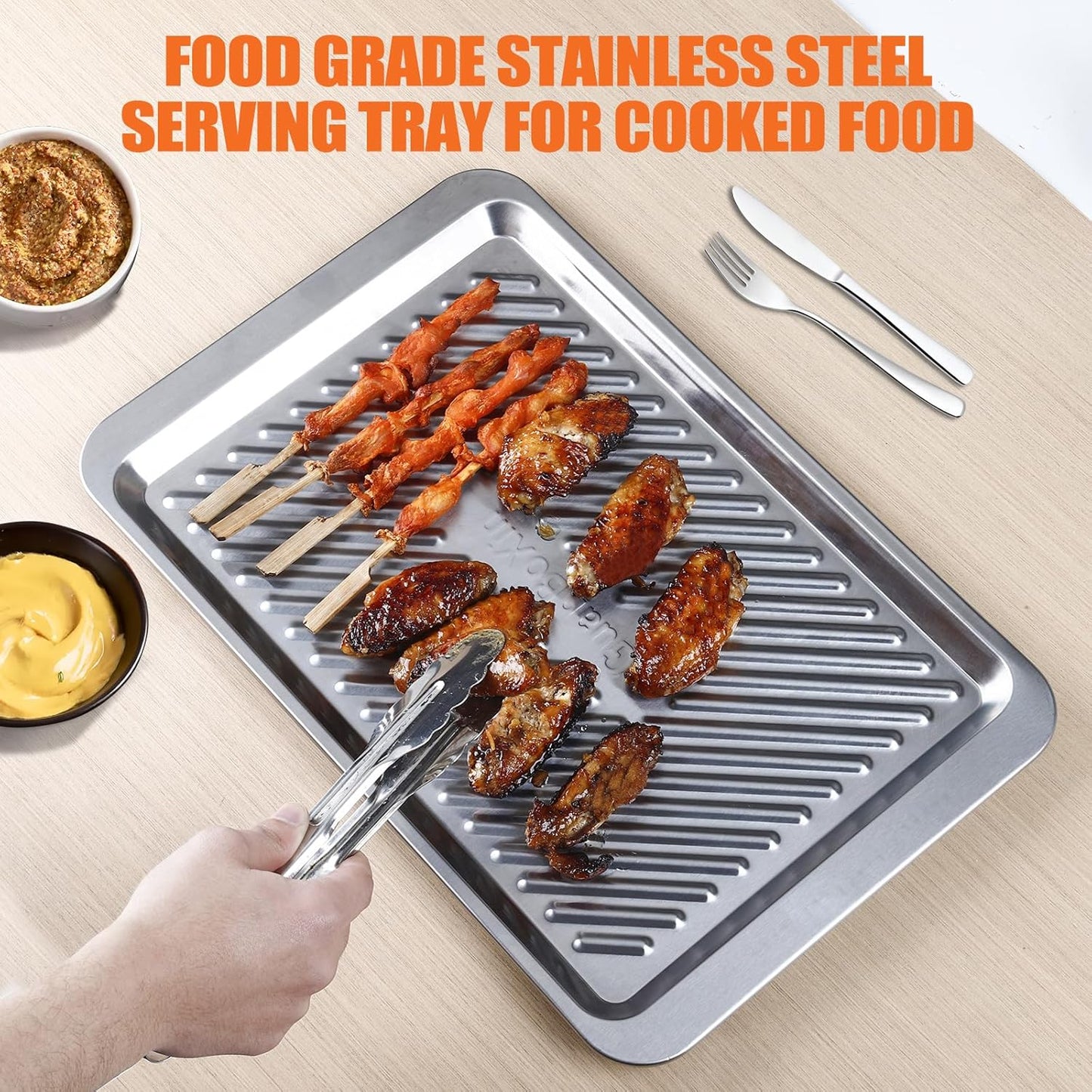Grilling Prep and Serve Trays, Set of 2 Stackable Stainless Steel BBQ Trays, Deep Marinating Container, Serving Platter for Plating Food, BBQ Prep Tub for Marinating Meats, Grill Accessories