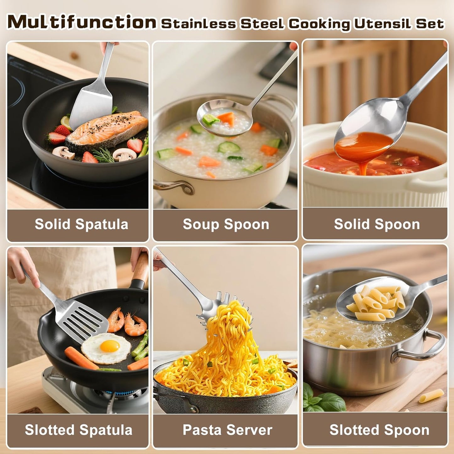 4 Pcs Cooking Utensils Set, Stainless Steel Kitchen Utensils, Heat Resistant Metal Kitchen Tools Include Solid & Slotted Turner Wok Spatula, Serving Spoon, Ergonomic Handle, Easy to Clean, Silver