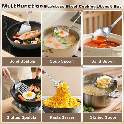4 Pcs Cooking Utensils Set, Stainless Steel Kitchen Utensils, Heat Resistant Metal Kitchen Tools Include Solid & Slotted Turner Wok Spatula, Serving Spoon, Ergonomic Handle, Easy to Clean, Silver