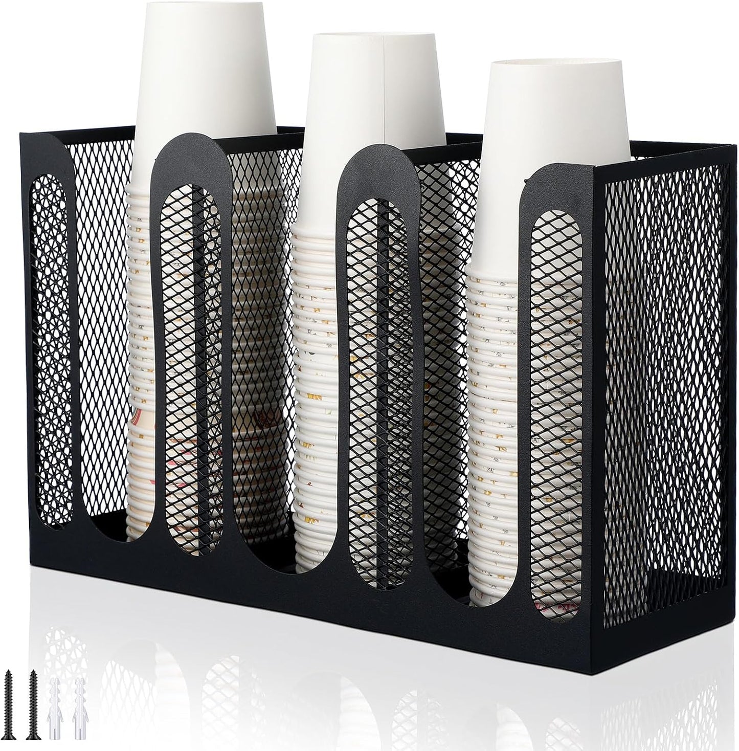 Maxcheck Metal Mesh Cup and Lid Holder Coffee Paper Cup Dispenser Lid Holder Storage Organizer Countertop or Wall Mount for Coffee Bar, Kitchen, Breakroom(4 Compartments,16.1 x 4.1 x 8 Inch)