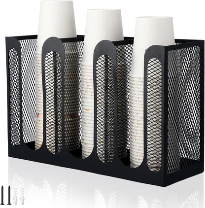 Maxcheck Metal Mesh Cup and Lid Holder Coffee Paper Cup Dispenser Lid Holder Storage Organizer Countertop or Wall Mount for Coffee Bar, Kitchen, Breakroom(4 Compartments,16.1 x 4.1 x 8 Inch)