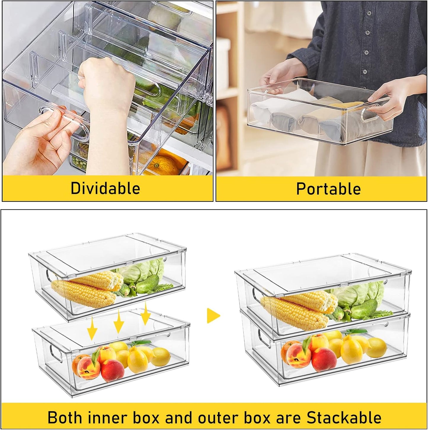 2 Pack Refrigerator Organizer Bins Stackable Fridge Organizer Set with Pull-out Drawer Clear Vegetable Fruit Storage Containers for Kitchen Pantry Organization