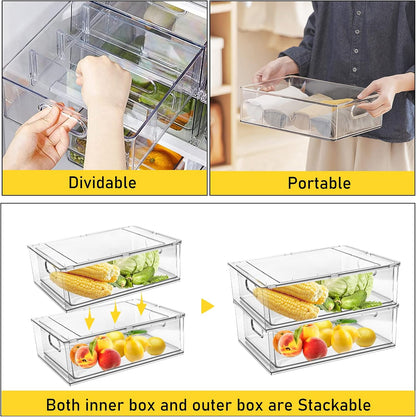 2 Pack Refrigerator Organizer Bins Stackable Fridge Organizer Set with Pull-out Drawer Clear Vegetable Fruit Storage Containers for Kitchen Pantry Organization