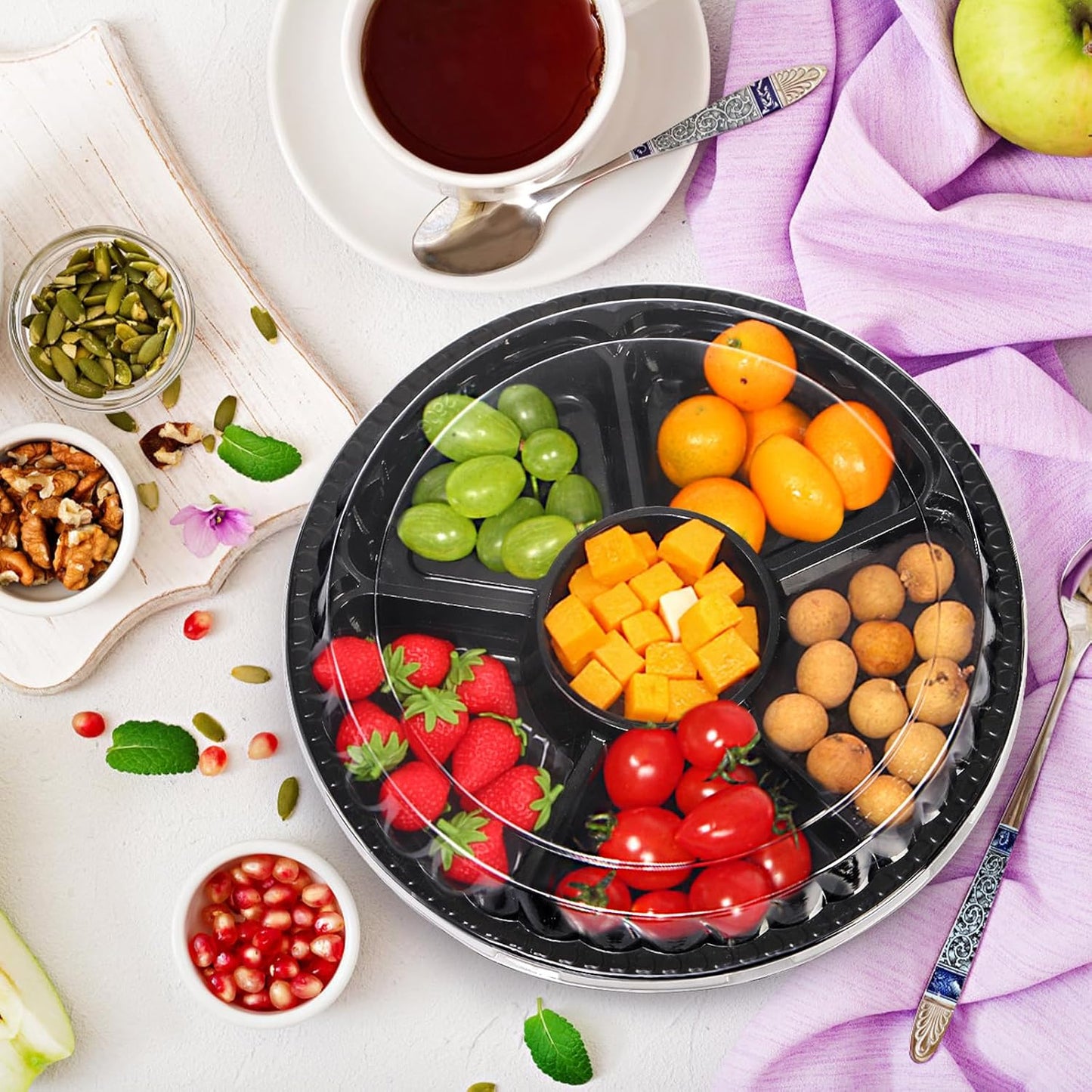 Lawei 30 Pack Plastic Appetizer Trays with Clear Lid, Round Stackable Serving Party Trays, 12 in Banquet Catering Fruit Vegetable Tray, Reusable 6 Divided Food Snack Dip Platter for Outdoor Buffet