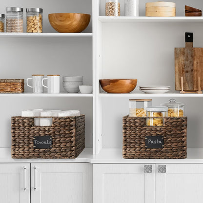 Casafield Set of 4 Water Hyacinth Pantry Baskets, 10" x 13" x 5", with Chalkboard Labels and Chalk Marker - Natural, Woven Storage Bin Organizers for Kitchen Shelves
