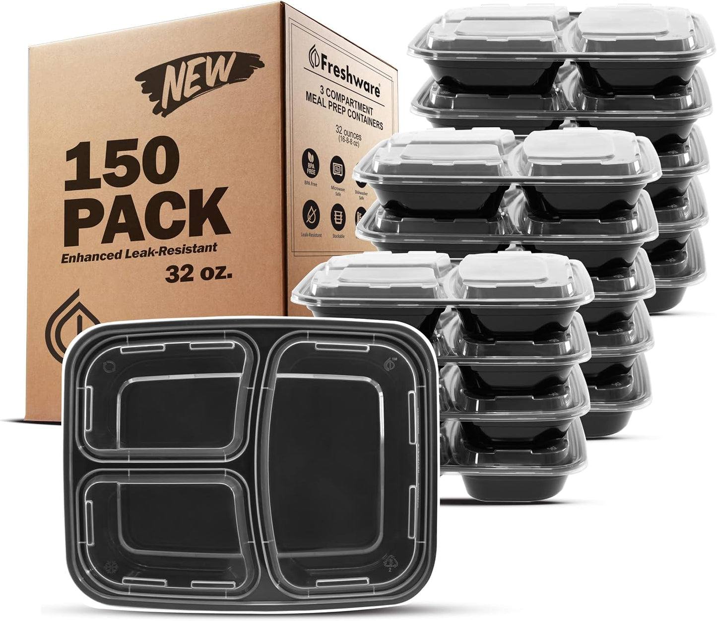 Freshware Meal Prep Containers [50 Pack] 3 Compartment Food Storage Containers with Lids, Bento Box, BPA Free, Stackable, Microwave/Dishwasher/Freezer Safe (24 oz)
