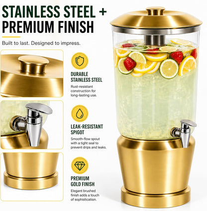 Drink Dispenser with Ice Chambers, Lemonade Tea Water Dispenser with Spigot, Stainless Steel Beverage Jar Jug, Perfect for Home Parties, Weddings, Gifts & Events (Gold, 3, Gallons)