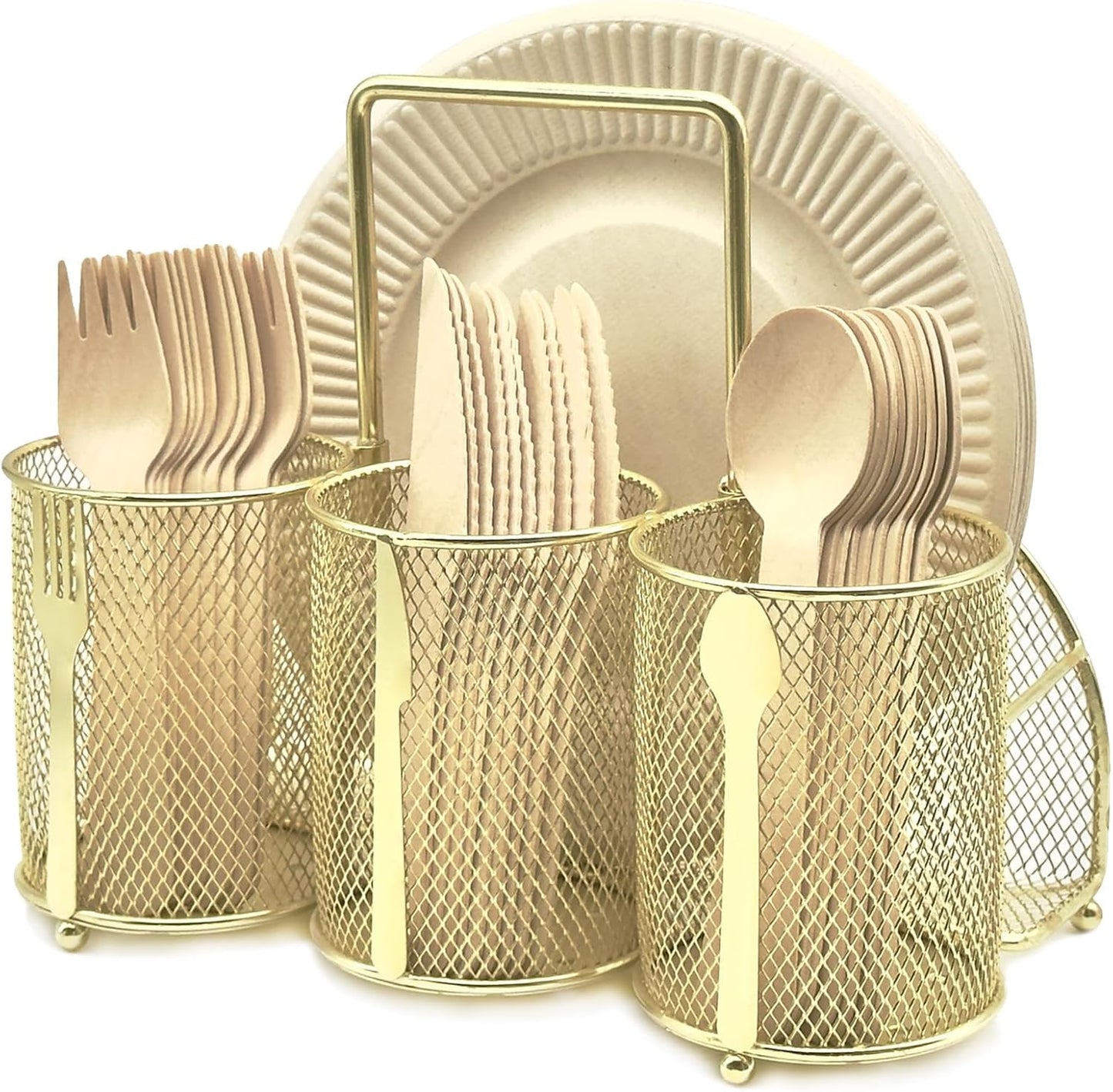 DysanVica Utensil Caddy Silverware Holder - 4 Compartment Metal Mesh Cutlery Fork Spoon Napkin Plate Organizer Flatware Storage Basket Party Kitchen Countertop Buffet Picnic Camping Outdoor BBQ Black
