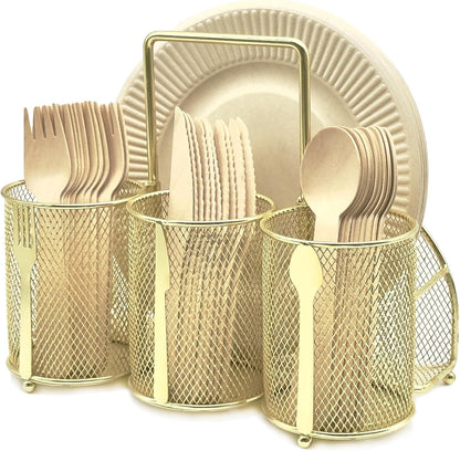DysanVica Utensil Caddy Silverware Holder - 4 Compartment Metal Mesh Cutlery Fork Spoon Napkin Plate Organizer Flatware Storage Basket Party Kitchen Countertop Buffet Picnic Camping Outdoor BBQ Black