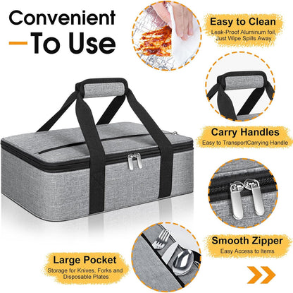 Insulated Casserole Carrier, Portable Casserole Carrier for Hot or Cold Food Lunch Tote Warmer or Cooler Bag, Lasagna Lunch Bag for Potluck Parties- Fits 9" x 13" Baking Dish-Charcoal Grey