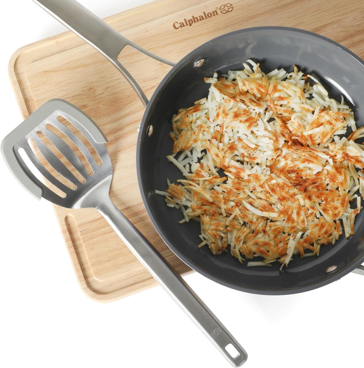 Calphalon Slotted Turner, Kitchen Flipping Spatula, Slotted Spatula, Stainless Steel Turner with Silicone Heat Resistance Handle, Nonstick-Safe Spatula for Draining and Flipping (Navy)