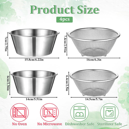4 Pcs 304 Stainless Steel Colander with Mixing Bowl, Mini Rice Strainer with Bowl, Stainless Steel Small Mixing Colander for Kitchen Cooking, Washing Fruits and Vegetables(900ML & 600ML)