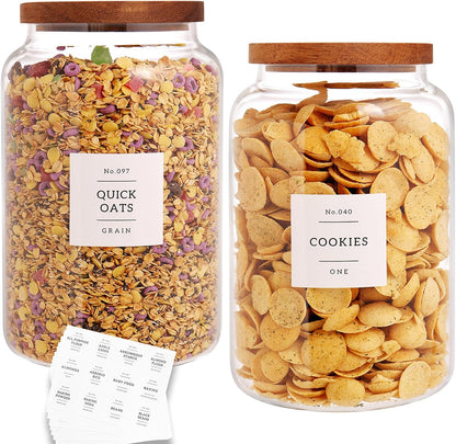 CZHQSMZ Set of 2 Large Glass Flour and Sugar Containers with 132 Pantry Labels - Glass Food Storage Jars with Airtight Bamboo Lid for Flour Pasta Candy Coffee Cookie and More(1 Gallon/4000 ml)