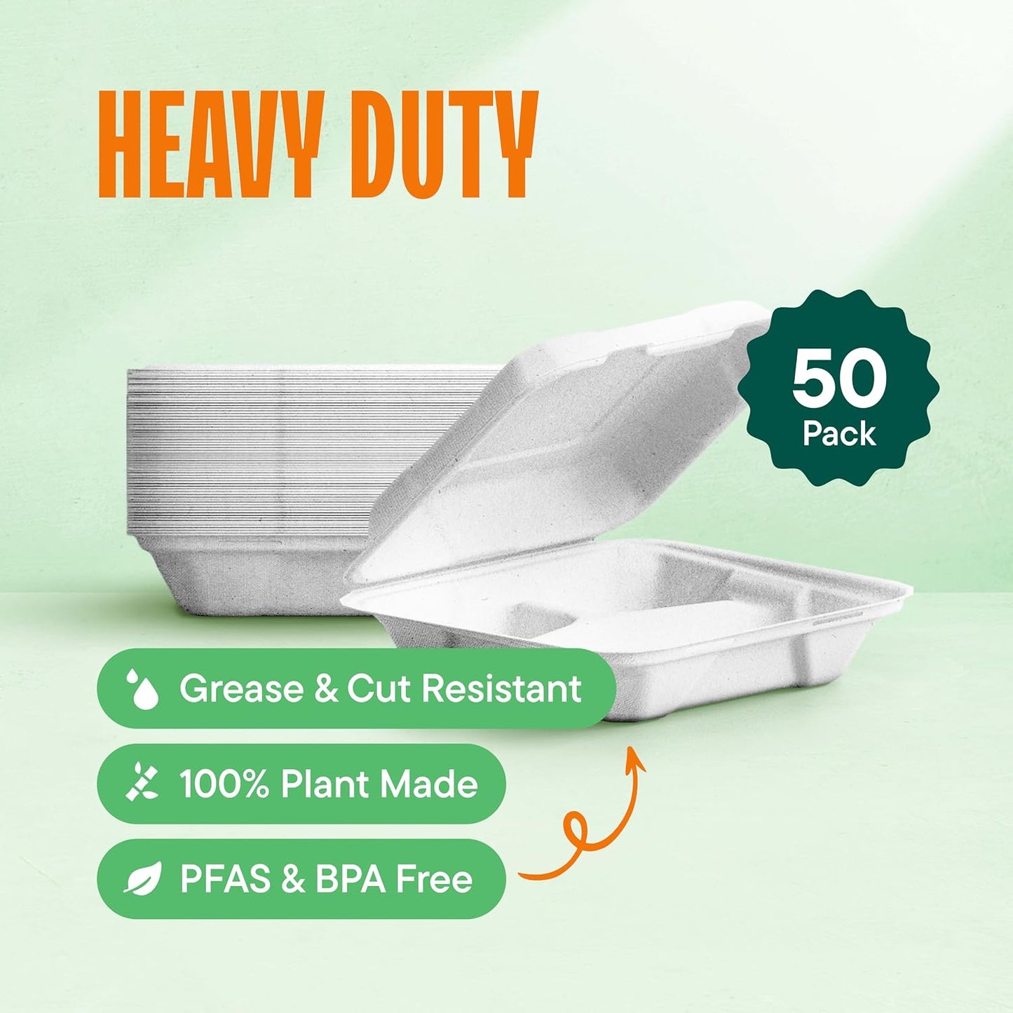 Eco-Friendly Meal Prep Containers 3 Compartment [50-Pack 8x8x3"] Disposable to go Clamshell Food Containers Secure Snap Hinged Lid, Microwave Safe Take Out Lunch Boxes, Made from Renewable Materials