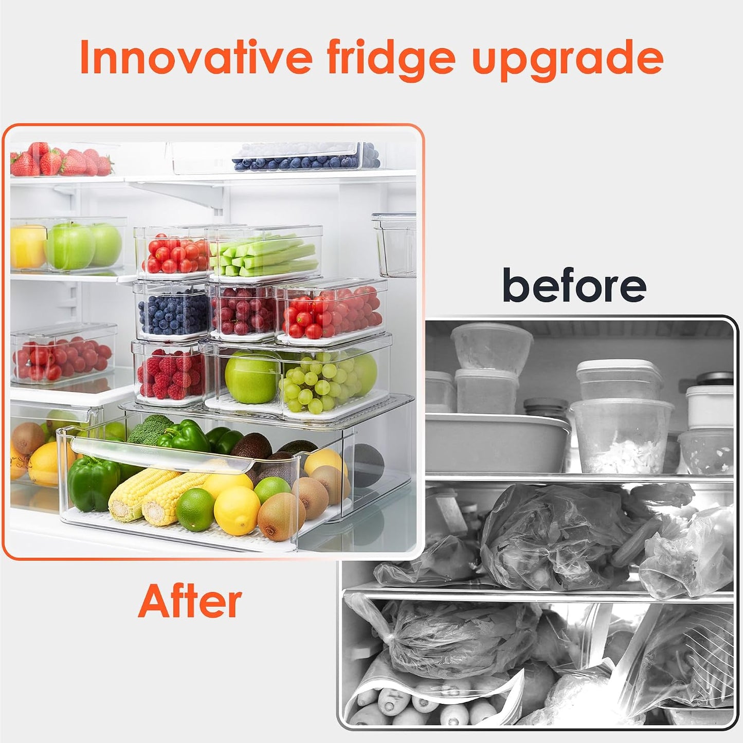 SMRCAD Fridge Organizers and Storage, 6 Pack Clear Freezer Organizer Bins with Lids for Kitchen, Pantry, Refrigerator, Food, Fruit, Vegetable Storage