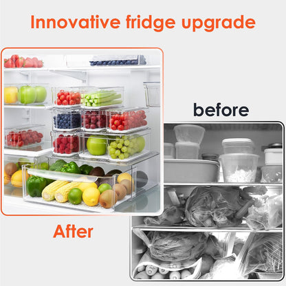 SMRCAD Fridge Organizers and Storage, 8 Pack Clear Freezer Organizer Bins with Lids for Kitchen, Pantry, Refrigerator, Food, Fruit, Vegetable Storage (8 Bins (Include Pull Out Drawer))