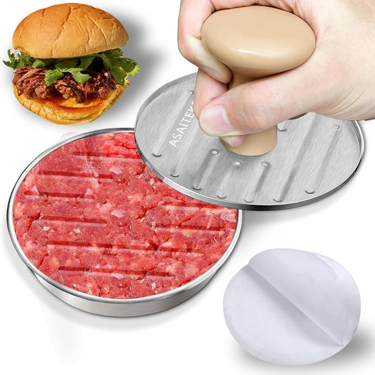 Burger Press, 5”Stainless Steel Hamburger Press Patty Maker, Non-Stick Hamburger Press for Making Patties, for Grilling and Cooking, Comes with 100 Pieces of Wax Paper