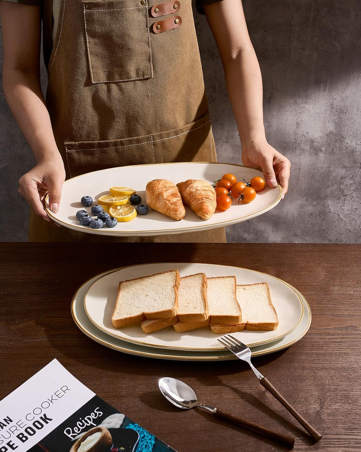famiware Serving Platter, Oval 15.59/14.3/12.9inch Serving Dishes for Entertaining, Serving Bowls, Microwave Safe, Stoneware Serving Trays for Party, Food, Turkey, Cheese, Ocean Series, Vanilla White