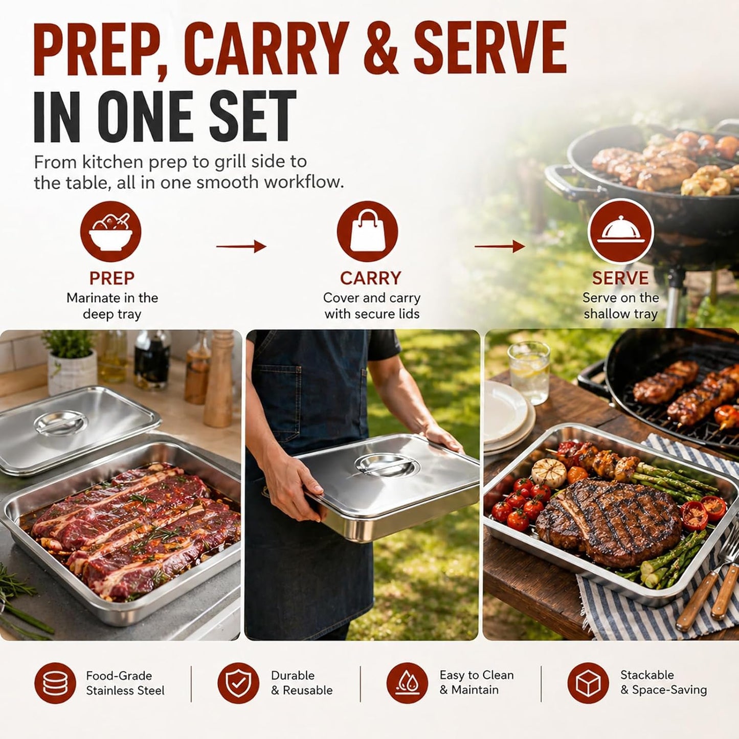 Grill Prep & Serve Tray Set with Lids, 5-Piece Food Prep System for Marinating, Carrying & Serving, Stainless Steel BBQ Trays for Raw & Cooked Food Separation (Rack Included)