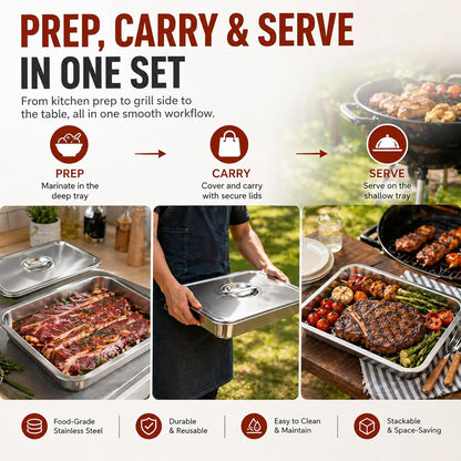 Grill Prep & Serve Tray Set with Lids, 5-Piece Food Prep System for Marinating, Carrying & Serving, Stainless Steel BBQ Trays for Raw & Cooked Food Separation (Rack Included)