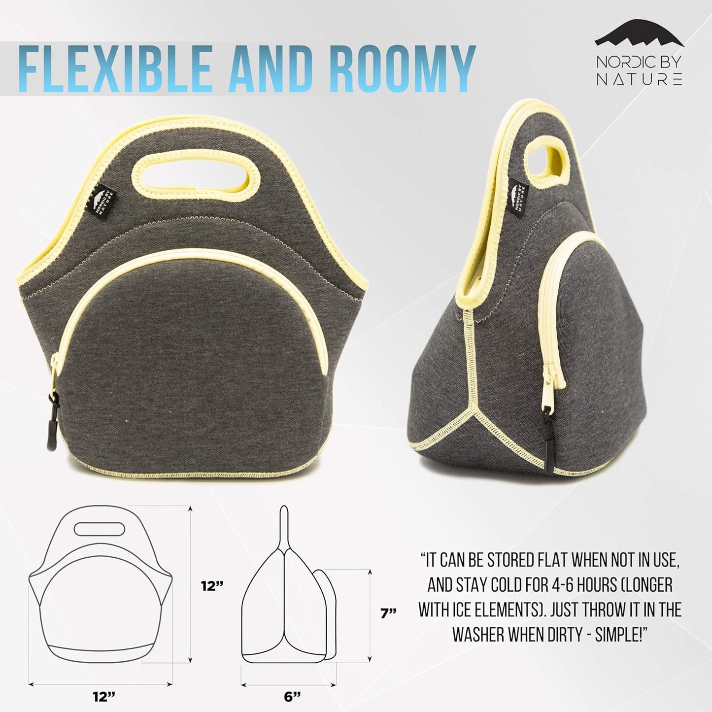 Nordic By Nature Large Neoprene Lunch Bag for Women & Lunch tote for Kids Insulated Lunch bag Reusable Washable Extra Thick Neoprene & Soft Cotton Feel, Premium Stitching, Outside Pocket, (L) Black