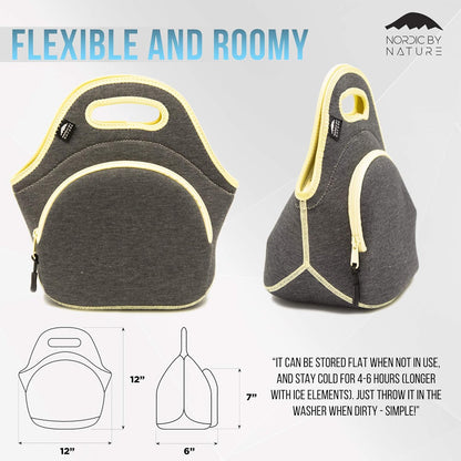 Nordic By Nature Large Neoprene Lunch Bag for Women & Lunch tote for Kids Insulated Lunch bag Reusable Washable Extra Thick Neoprene & Soft Cotton Feel, Premium Stitching, Outside Pocket, (L) Black