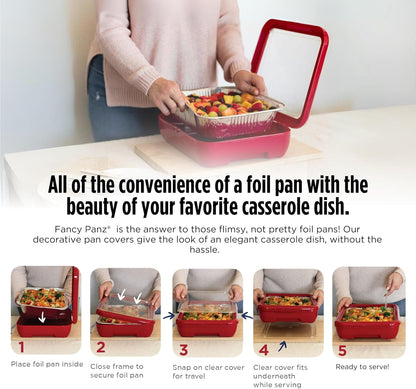 Fancy Panz Red Classic Aluminum Foil Pan Carrier with Secure Latch Lid - Reusable Casserole Carrier for Half Size Pans - Food Transport Holder for Potlucks, Parties, Tailgates & Entertaining