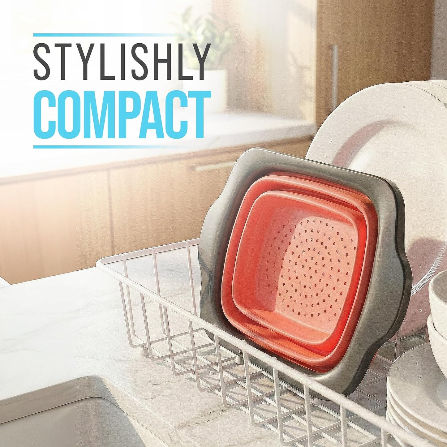 Comfify Coral XL Collapsible Silicone Over Sink Colander – 6 Quart | Coral; extends to 25" to span most sinks hands available; collapses flat; 6 Qt; heat resistant to 176°F; pasta, veg, fruit