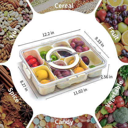 Snackle Box Container,Portable Snack Box 8 Compartment Divided Serving Tray with Lid and Handle,Clear Storage Organizer for Fruit Candy Nuts -Perfect for Road Travel Party（1 Pack）