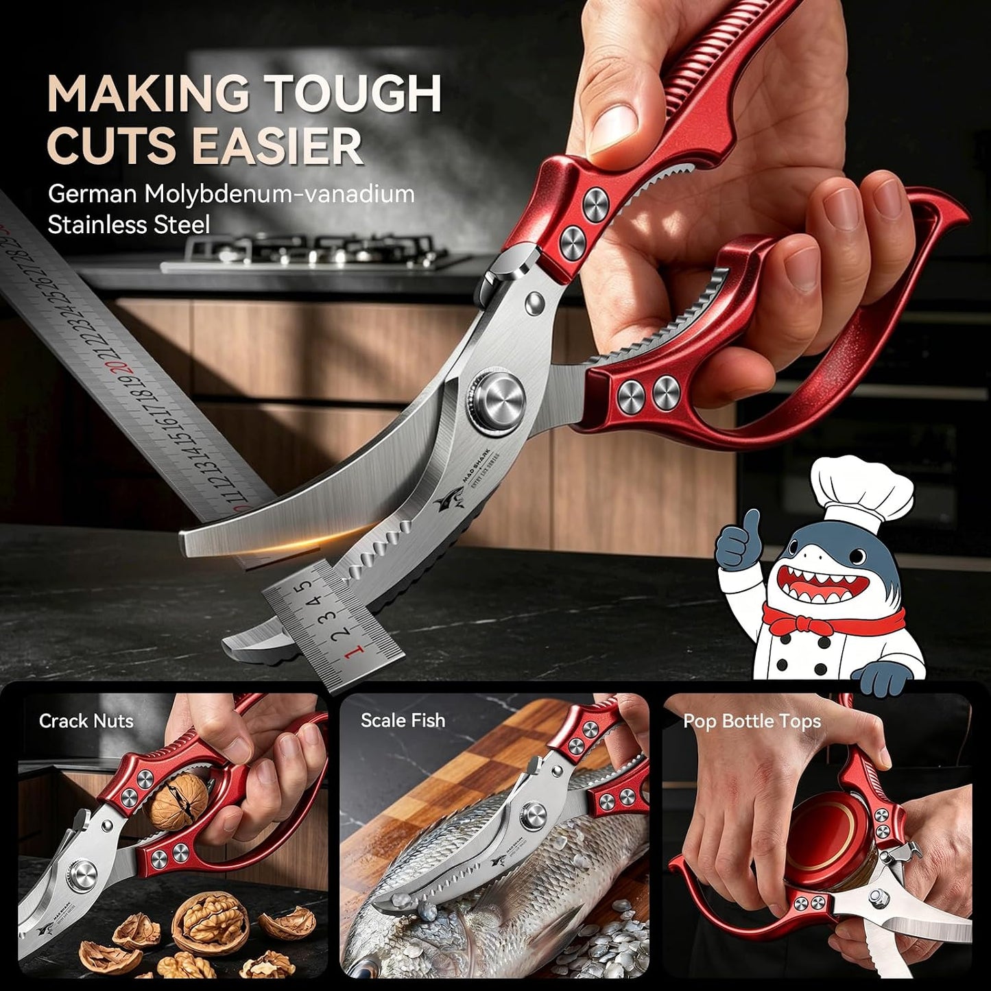 MAD SHARK Heavy Duty Poultry Shears, Kitchen Shears with Non-Slip Handle & Safety Lock, All Purpose Kitchen Scissors for Chicken, Meat Cutting, Turkey, Fish, Vegetables, Spring Loaded, Dishwasher Safe