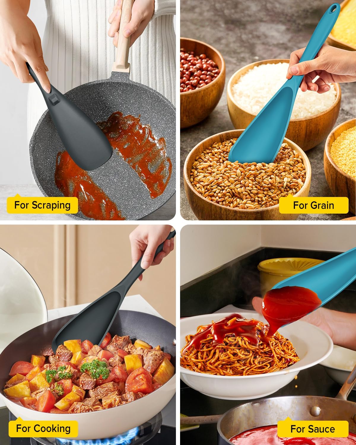 Pack of 2 Cooking Spoons for Non Stick Cookware, Multifunction Spatula Spoon BPA-Free, One-Piece Design, Suitable for Scooping, Scraping, Serving and Mixing(BLACK-GRAY)