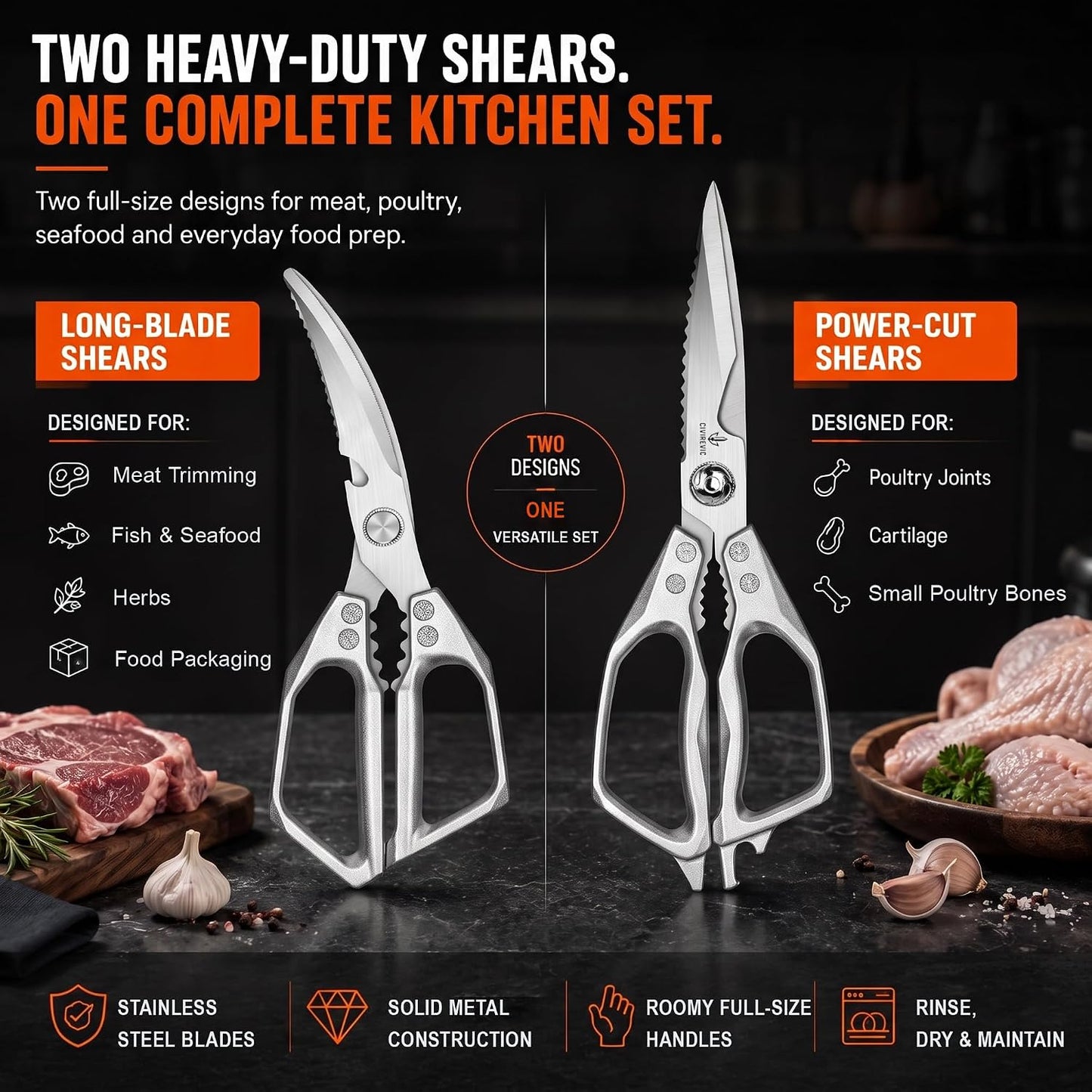 Heavy Duty Kitchen Shears 2 Pack, Full-Size Stainless Kitchen Scissors