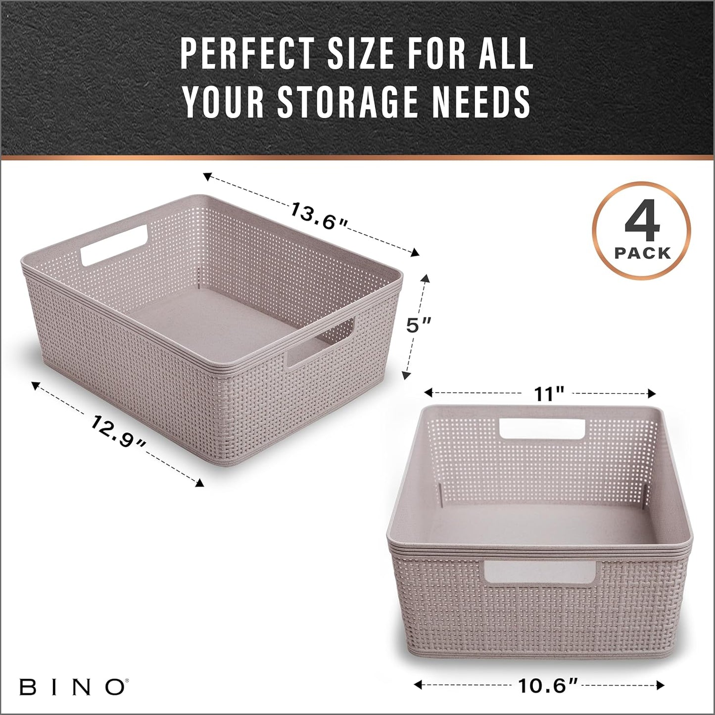 BINO Woven Plastic Basket | Large (Natural), 3-Pack | THE JUTE COLLECTION | Home Organization, Space-Saving Storage, Stylish Design | Plastic Storage Basket