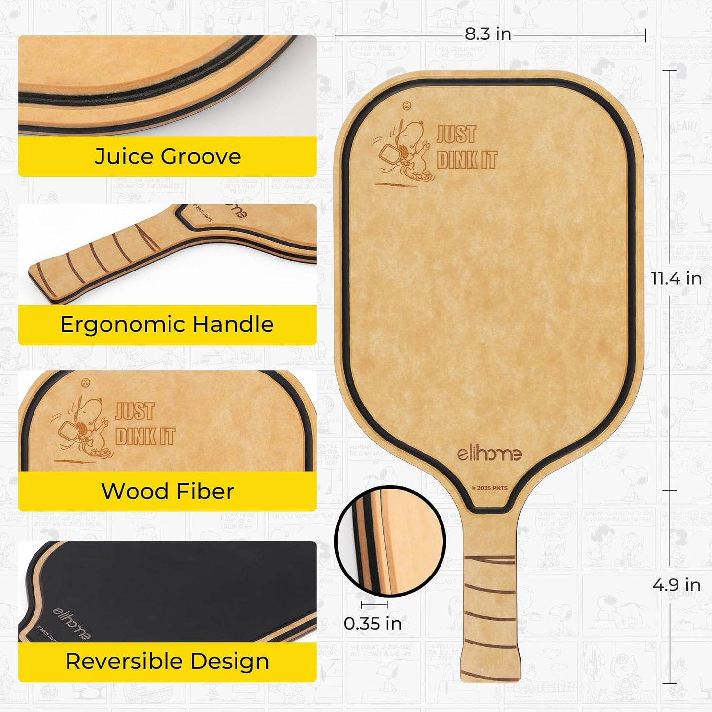 Elihome X Peanuts Kitchen Cutting Board Set, Non Slip Feet, Double Sided Color Coded with Food Icon, Natural Wood Fiber, Dishwasher Safe, Eco-Friendly, Juice Grooves,Non Porous, BPA Free, 2 Pack