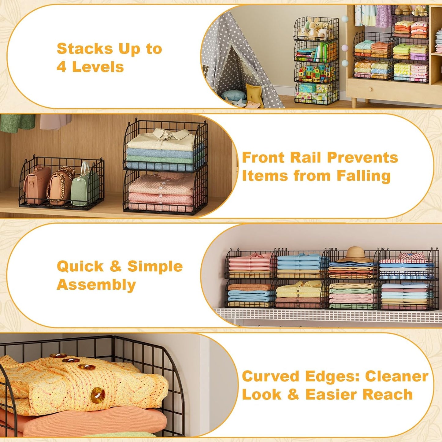 Lyuwanxian 4-Pack Stackable Wire Baskets for Closet Organizers and Storage, Open Storage Bins for Clothes, Toys, and Snacks - Rustic Metal Closet Organizer and Shelves in Black