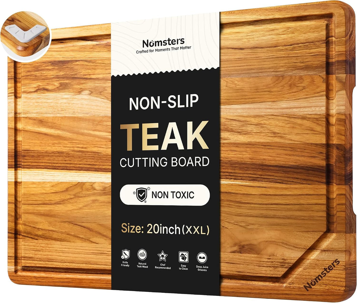 3 Pack Teak Wood Cutting Board Set with Holder Non Slip Over Sink Wooden Chopping Board for Fresh Meat Vegetable Thick Haus Perfect for Charcuterie Juice Groove Kitchen Accessories - FSC Certified