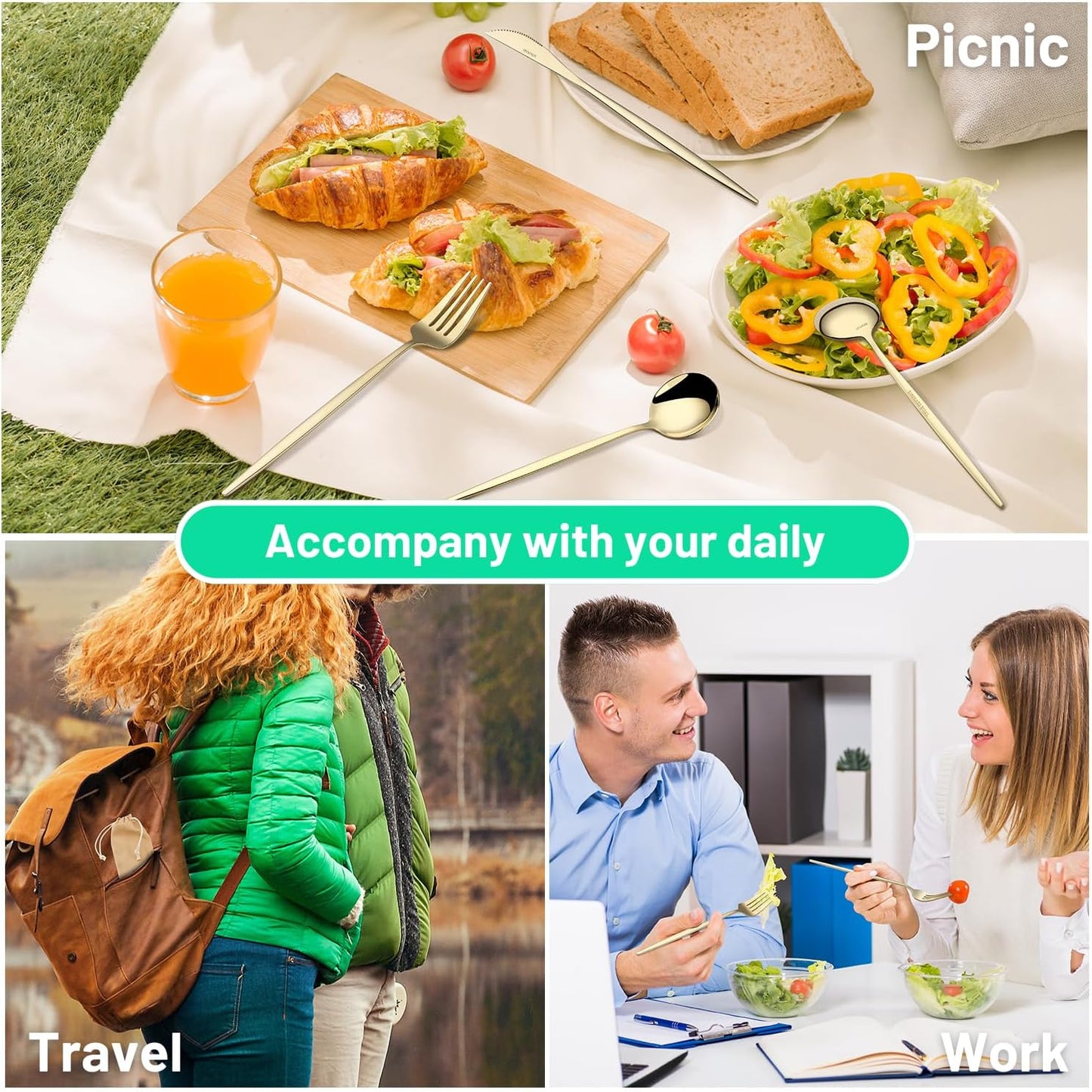 VIVANI Portable Utensils Set with Case, 3-Piece Reusable Stainless Steel Flatware Set for Travel, Camping, Lunch Box & Office, Champagne Gold Fork, Knife, Spoon with Carry Bag