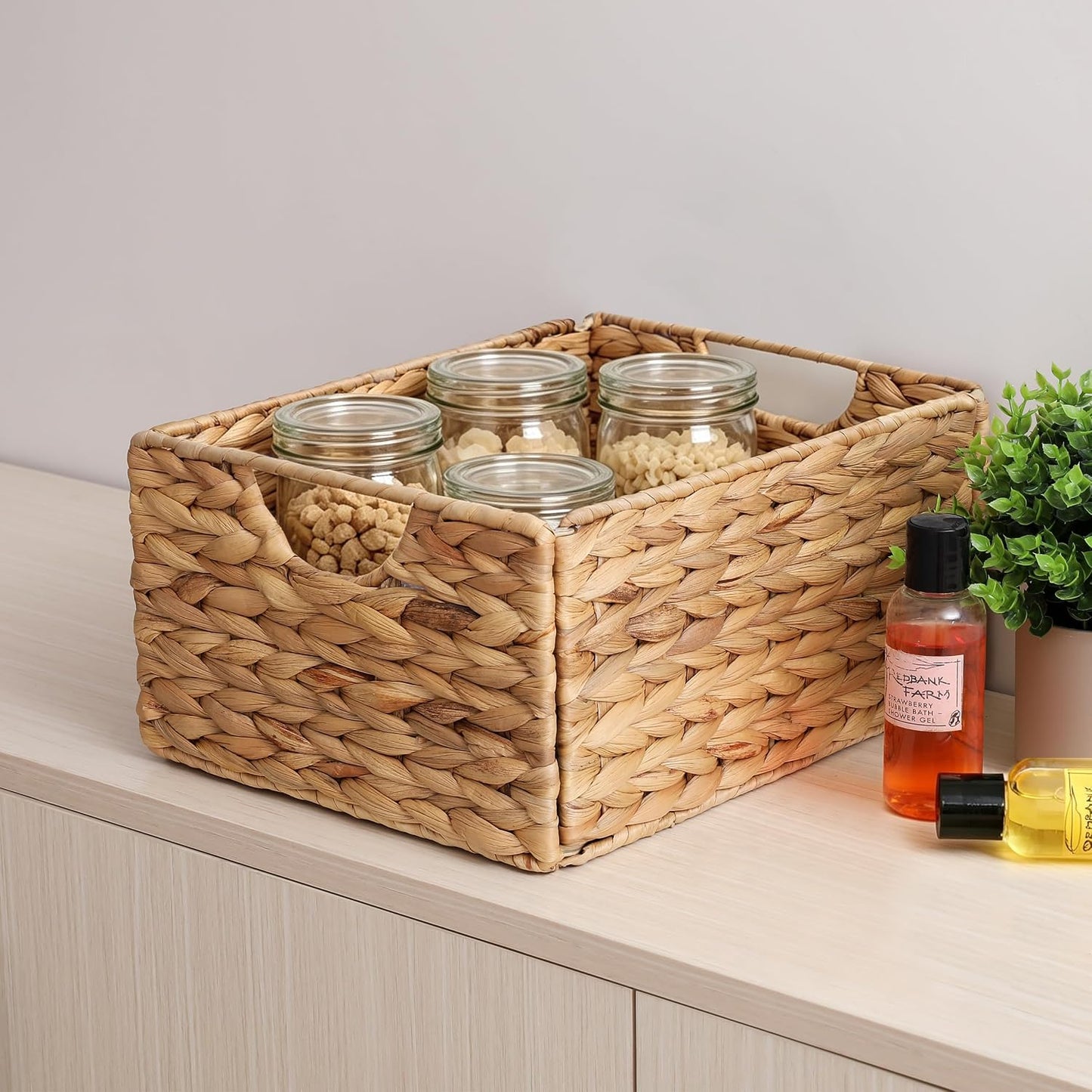 Water Hyacinth Pantry Baskets Set of 4, 12.5 x 9.5 x 6in Hanging Wicker Storage Baskets for Shelves, Pantry Baskets, Bathroom Shelves Storage Basket