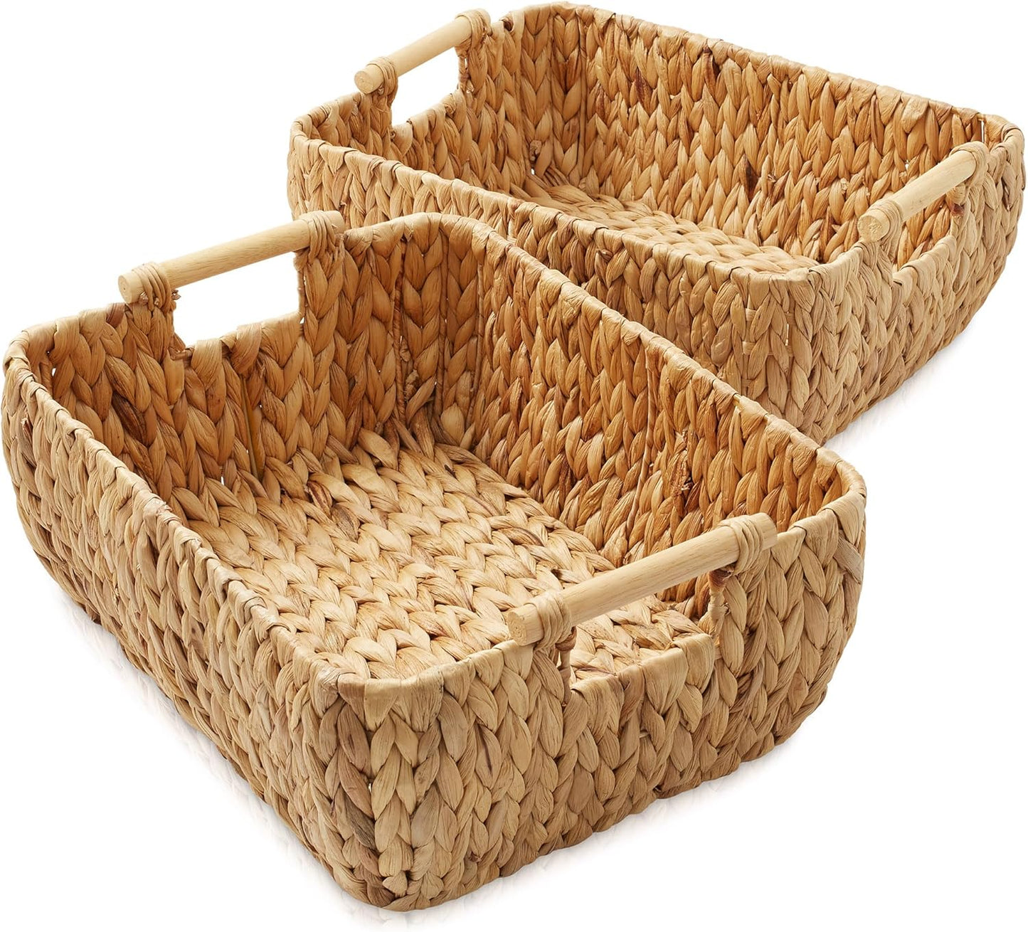 Casafield Set of 2 Water Hyacinth Oval Storage Baskets with Wooden Handles - Medium, Woven Bin Organizers