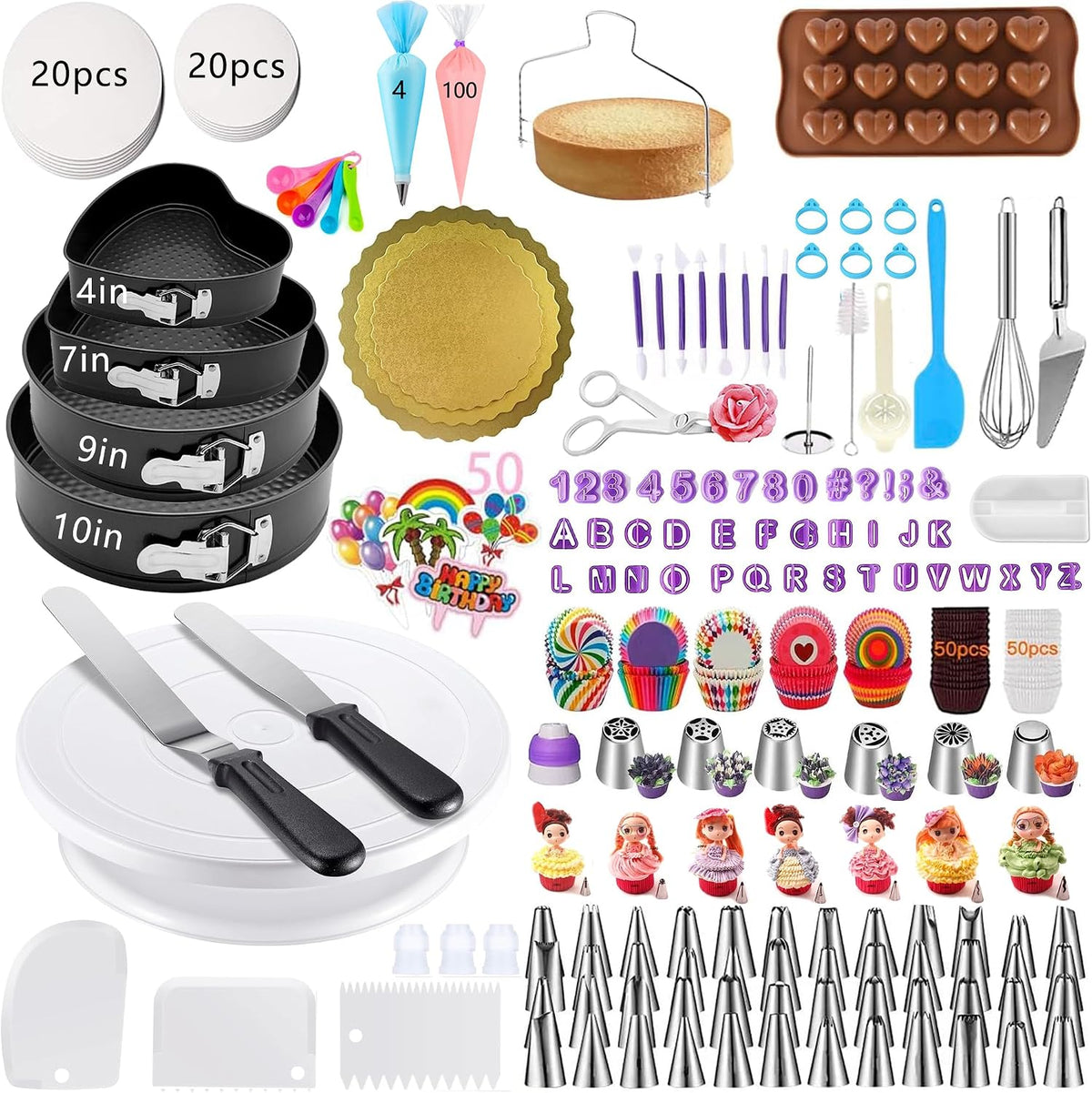 Cake Decorating Kit - Baking Supplies with 4 Springform Pans, Rotating Turntable, Decorating Tools, Cake Baking Supplies Set for Beginners